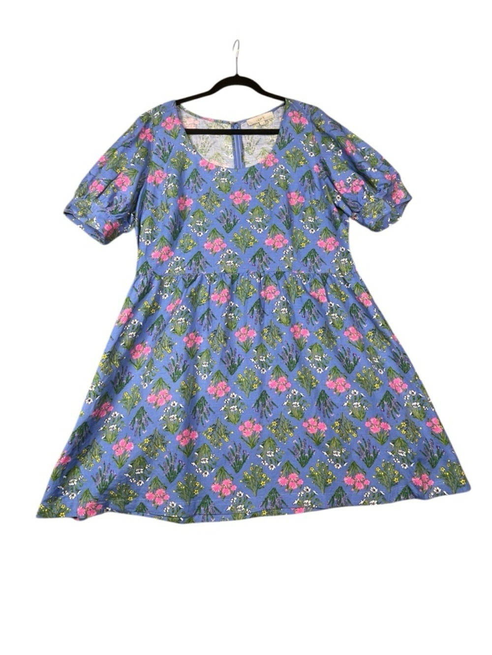 LOFT Linen Periwinkle Floral Print Puff Sleeve Mini BabyDoll A-Line Dress  Sz 14